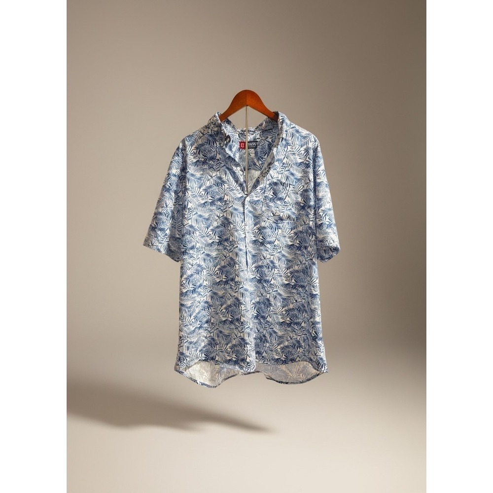 Chaps Mens XXL Blue White Tropical Palm Leaf Print ShortSleeve Button Down Shirt